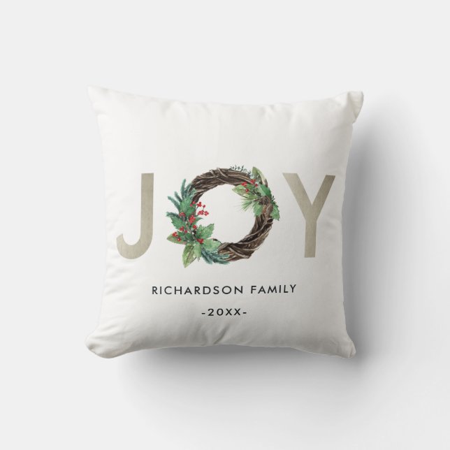 ELEGANT HOLLY BERRY SILVER JOY WREATH CHRISTMAS THROW PILLOW (Front)