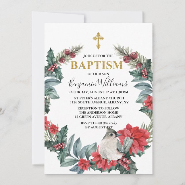 Elegant Holly Berry Winter Baptism Invitation (Front)
