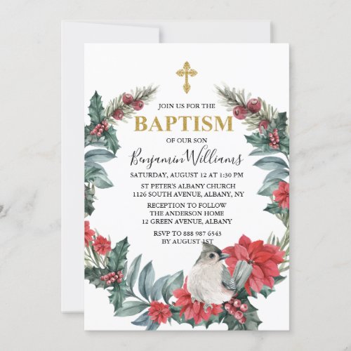 Elegant Holly Berry Winter Baptism Invitation