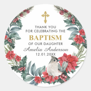 Elegant Holly Berry Winter Baptism Thank You Classic Round Sticker