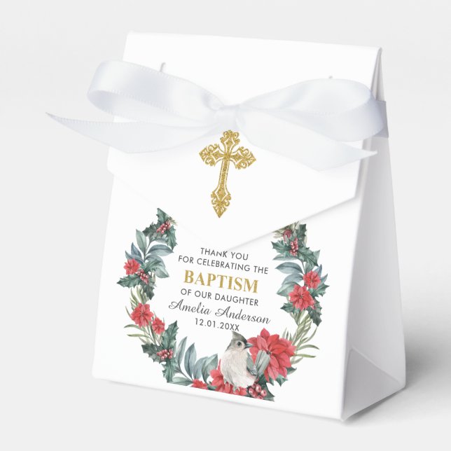 Elegant Holly Berry Winter Baptism Thank You Favor Boxes (Front Side)