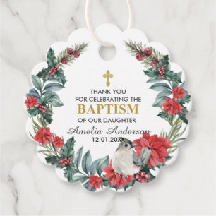 Elegant Holly Berry Winter Baptism Thank You Favor Tags