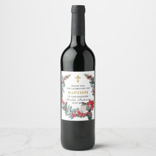 Elegant Holly Berry Winter Baptism Thank You Wine Label