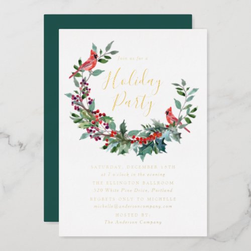 Elegant Holly Berry Wreath Cardinals Holiday Party Foil Invitation