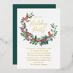 Elegant Holly Berry Wreath Cardinals Holiday Party Foil Invitation