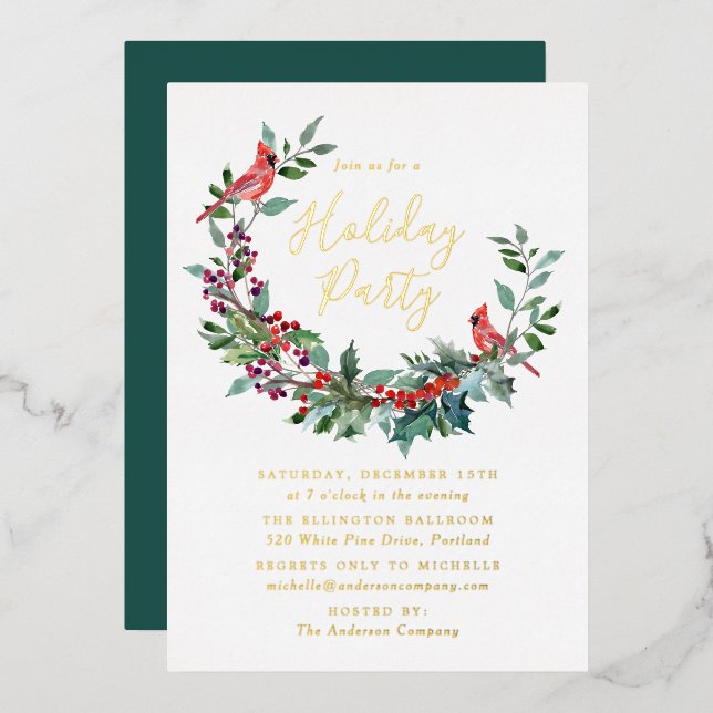 Elegant Holly Berry Wreath Cardinals Holiday Party Foil Invitation (Front/Back)