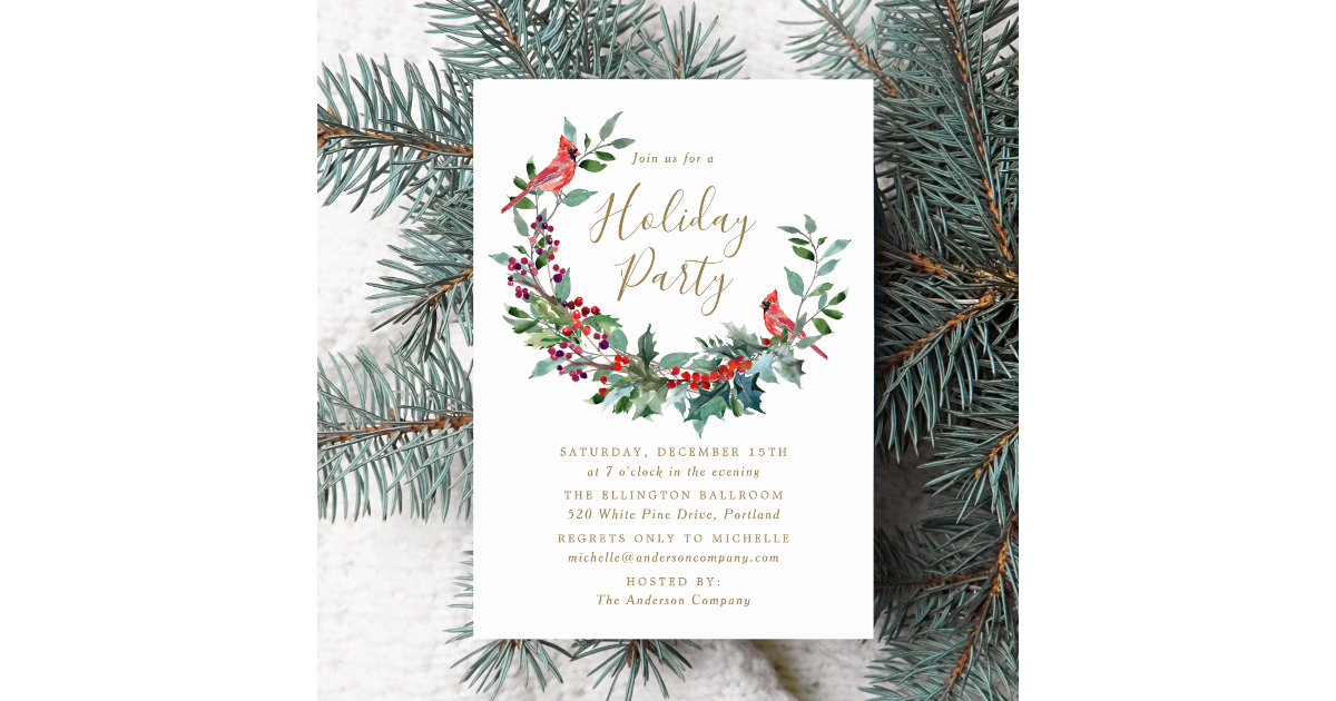 Elegant Holly Berry Wreath Cardinals Holiday Party Invitation | Zazzle