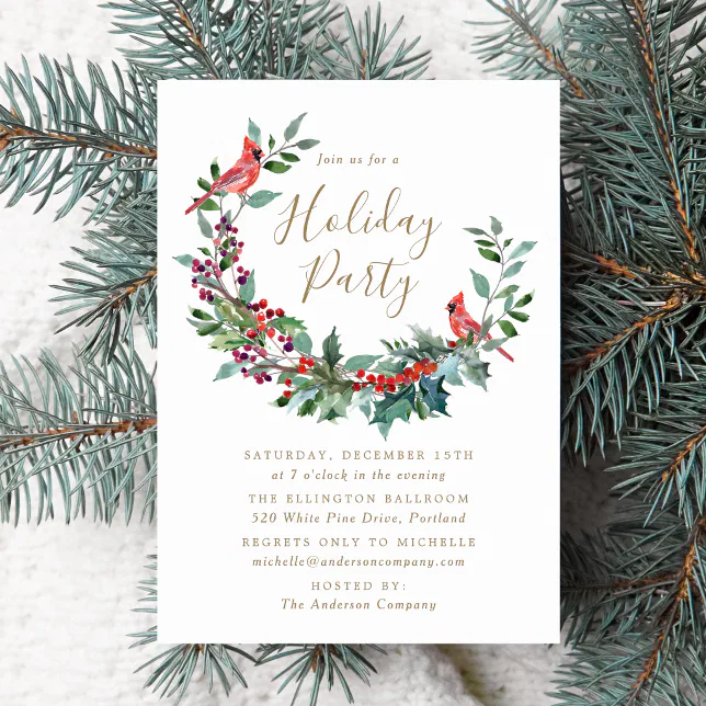 Elegant Holly Berry Wreath Cardinals Holiday Party Invitation | Zazzle