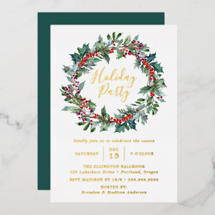 Elegant Holly Berry Wreath Holiday Party Foil Invitation