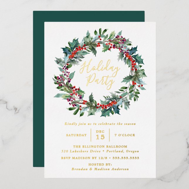 Elegant Holly Berry Wreath Holiday Party Foil Invitation (Front/Back)