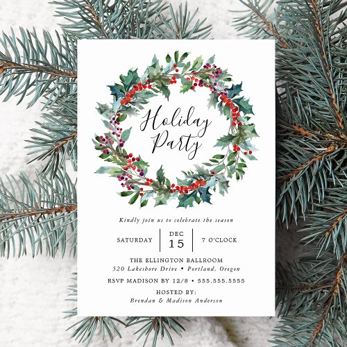 Elegant Holly Berry Wreath Holiday Party Invitation