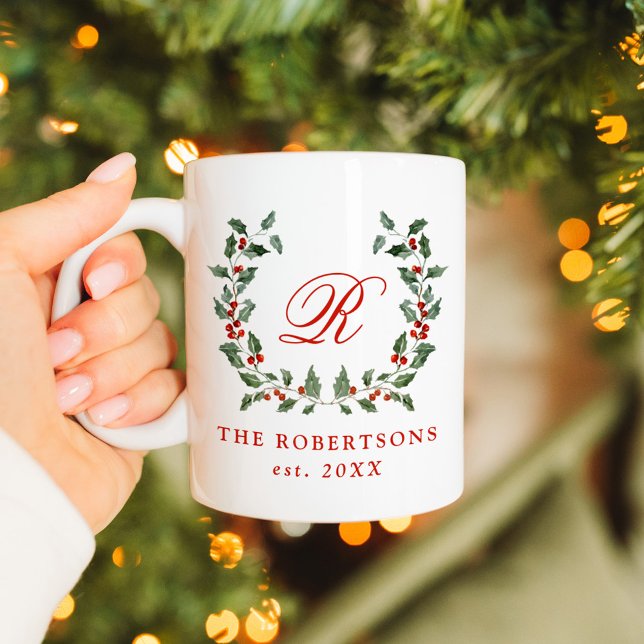 Elegant Holly Berry Wreath Monogram Personalized Coffee Mug (Creator Uploaded)