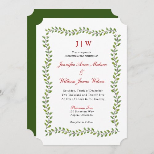 Elegant holly border Holiday wedding Invitation