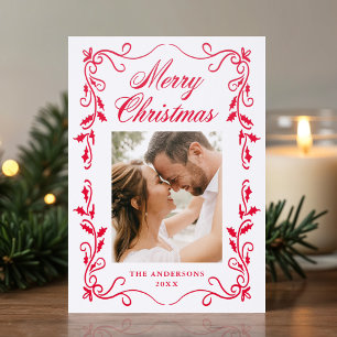 Elegant Holly Border Merry Christmas Letterpress Photo Cards