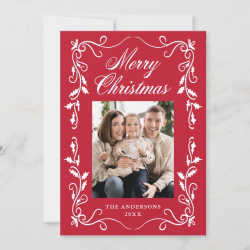 Elegant Holly Border Red Merry Christmas 5 Photo Holiday Card