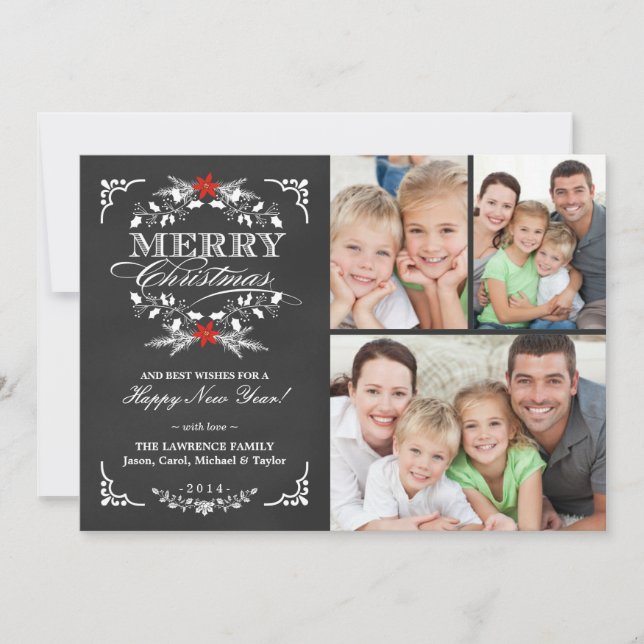 Elegant Holly Chalkboard Christmas 3-Photo Collage Holiday Card (Front)