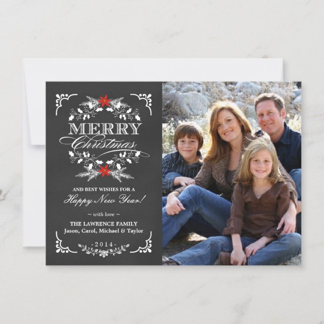 Elegant Holly Chalkboard Christmas Photo Flat Card (Front)
