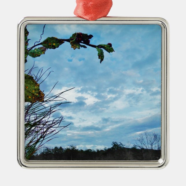 Elegant Holly Christmas,  blue sky Metal Ornament (Front)