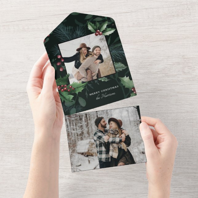Elegant Holly Christmas Dark Green Botanical Photo All In One Invitation (Tearaway)