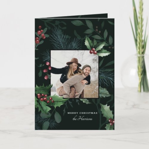 Elegant Holly Christmas Dark Green Botanical Photo Holiday Card