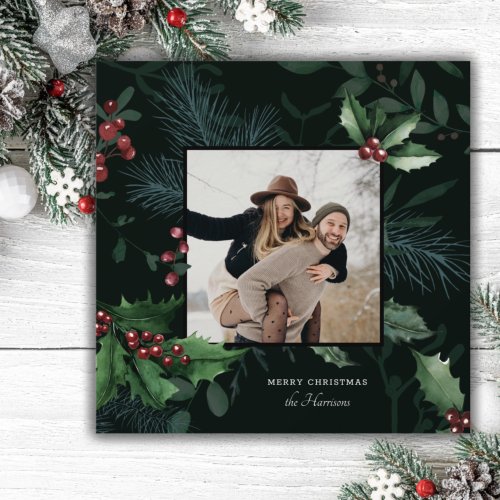 Elegant Holly Christmas Dark Green Botanical Photo Holiday Card