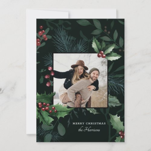 Elegant Holly Christmas Dark Green Botanical Photo Holiday Card