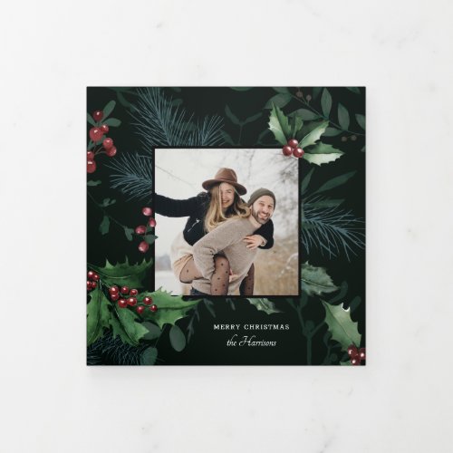 Elegant Holly Christmas Dark Green Botanical Photo Tri_Fold Holiday Card