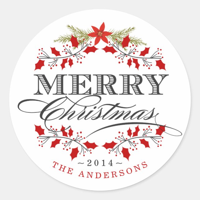 Elegant Holly Christmas Wreath Red & White Sticker (Front)