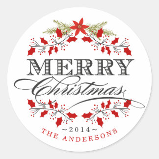 Elegant Holly Christmas Wreath Red & White Sticker