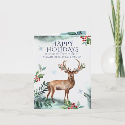 Elegant Holly Deer Christmas Corporate Greeting Holiday Card