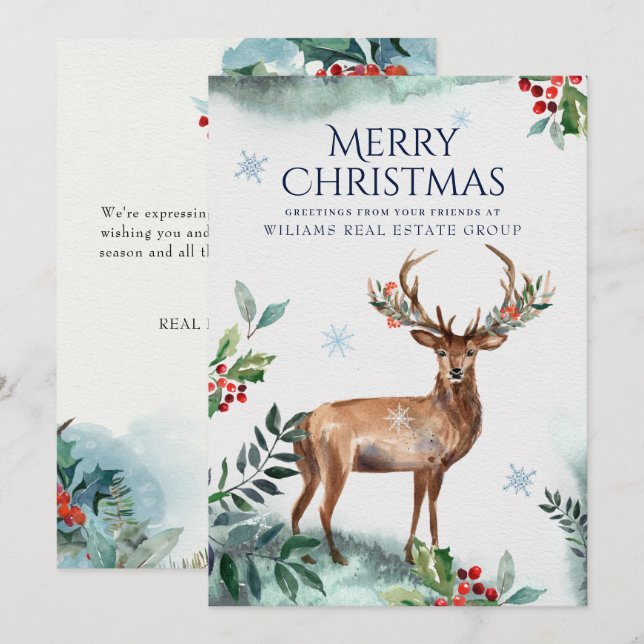 Elegant Holly Deer Christmas Corporate Greeting Holiday Card (Front/Back)