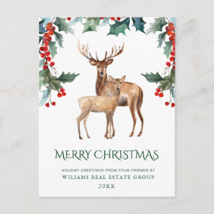 Elegant Holly Deer Christmas Corporate Greeting Holiday Postcard