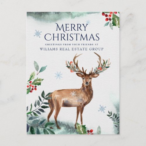 Elegant Holly Deer Christmas Corporate Greeting Postcard