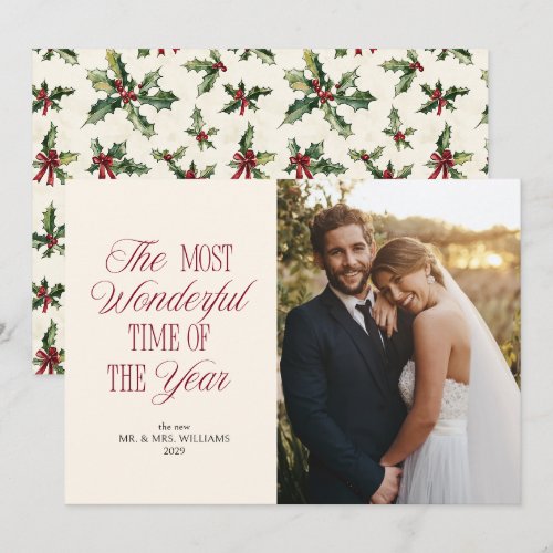 Elegant Holly First Marrried Christmas Photo Holiday Card