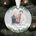 Elegant Holly Greenery 2 Photo Merry Christmas Ornament<br><div class="desc">Celebrate the simple joys of the holidays with a custom Merry Christmas two photo round acrylic ornament. The pictures and all wording on this template are easy to personalize and can be different or the same on front and back. The script can be changed to First Christmas, Seasons Greetings, a...</div>