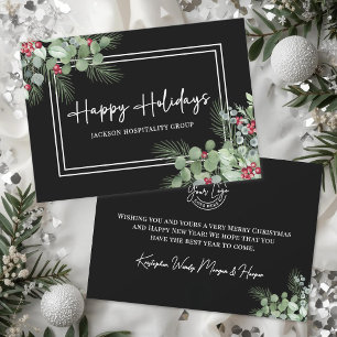 Elegant Holly Greenery Black Business Logo Holiday Card