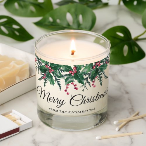 Elegant Holly Greenery Merry Christmas Script Scented Candle
