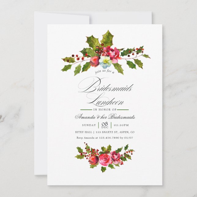 Elegant Holly & Ivy Christmas Bridesmaids Luncheon Invitation (Front)