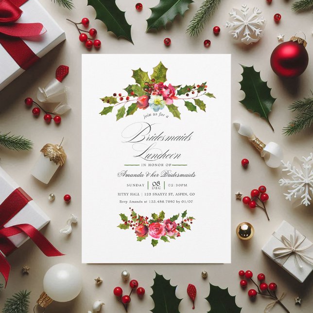 Elegant Holly & Ivy Christmas Bridesmaids Luncheon Invitation (Christmas Bridesmaids Luncheon Holly Invitation)