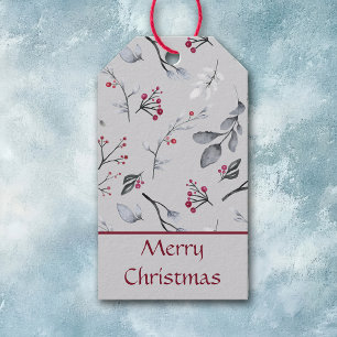 Elegant Holly Leaves Berries on Silver Christmas Gift Tags