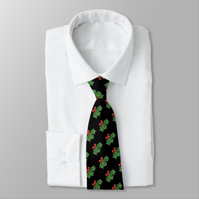 Elegant Holly Leaves Holly berries holiday black Neck Tie (Tied)