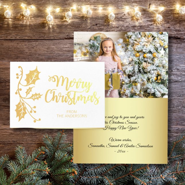 Elegant Holly Merry Christmas Greeting PHOTO Gold Foil Card (Elegant Holly Merry Christmas Greeting PHOTO Gold Foil Card)