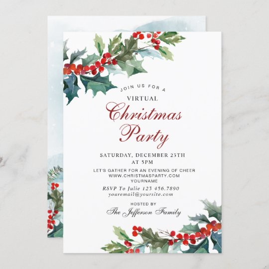 Elegant Holly Mistletoe VIRTUAL Christmas Party Invitation | Zazzle.com