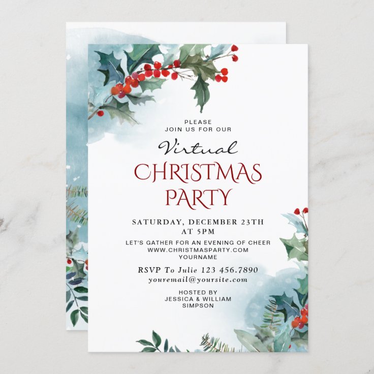 Elegant Holly Mistletoe VIRTUAL Christmas Party Invitation | Zazzle