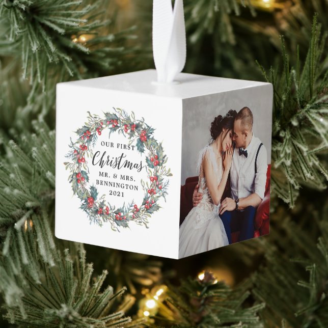 Elegant Holly Mistletoe Wreath 3 Photo Christmas Cube Ornament (Tree)