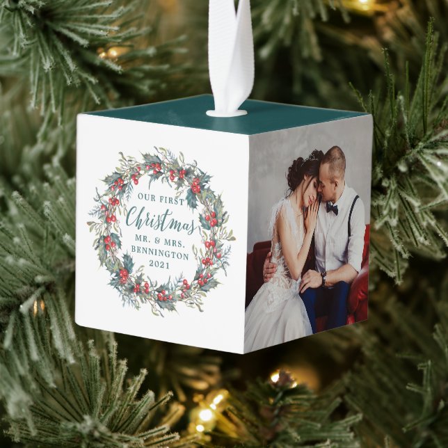 Elegant Holly Mistletoe Wreath 3 Photo Christmas Cube Ornament (Tree)
