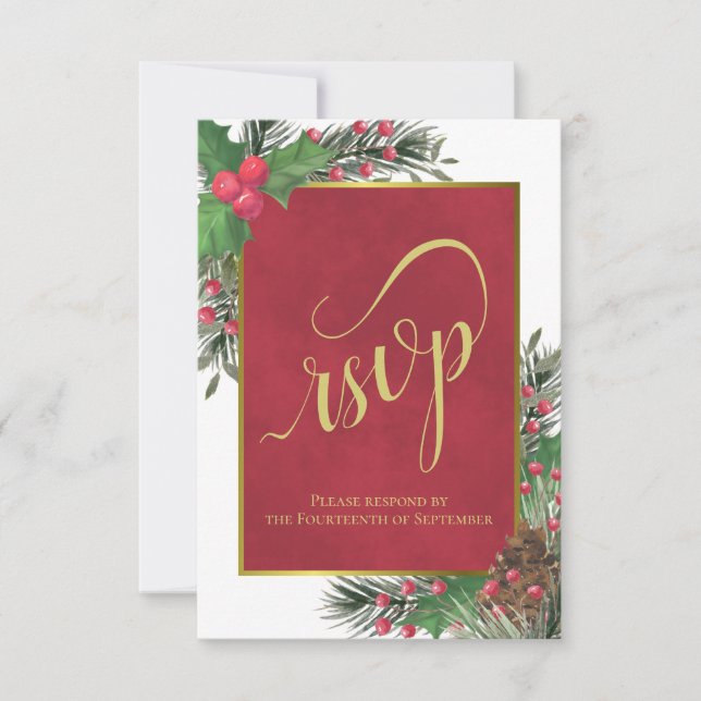 Elegant Holly & Pine Christmas or Holiday Wedding RSVP Card (Front)