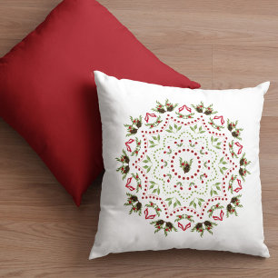 Elegant Holly Pinecone Holiday Mandala Christmas Throw Pillow