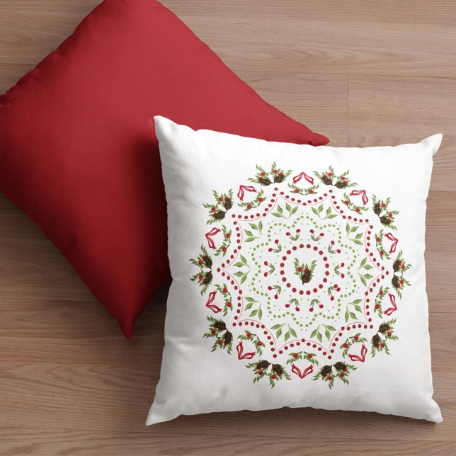 Elegant Holly Pinecone Holiday Mandala Christmas Throw Pillow (Christmas simple holiday wreath mandala decorative throw pillow)