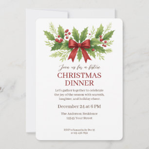 Elegant Holly & Red Bow Christmas Dinner - Invitation